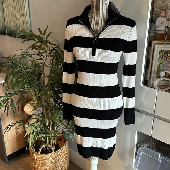 STRADIVARIUS | Navy/Ecru | STRIPED KNIT DRESS WITH ZIP - Picture 10 of 13